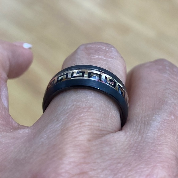 8mm Men Women Tungsten Ring Black Yellow IP plated Dome Greek Key Inlay - Picture 6 of 8